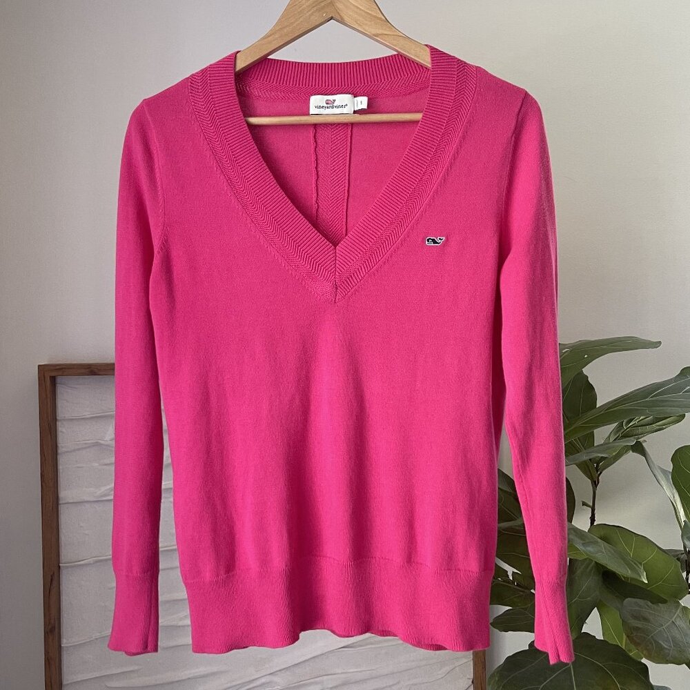 Women's VINEYARD VINES Heritage Cotton V-Neck Sweater Pink Neon Confetti Small S
